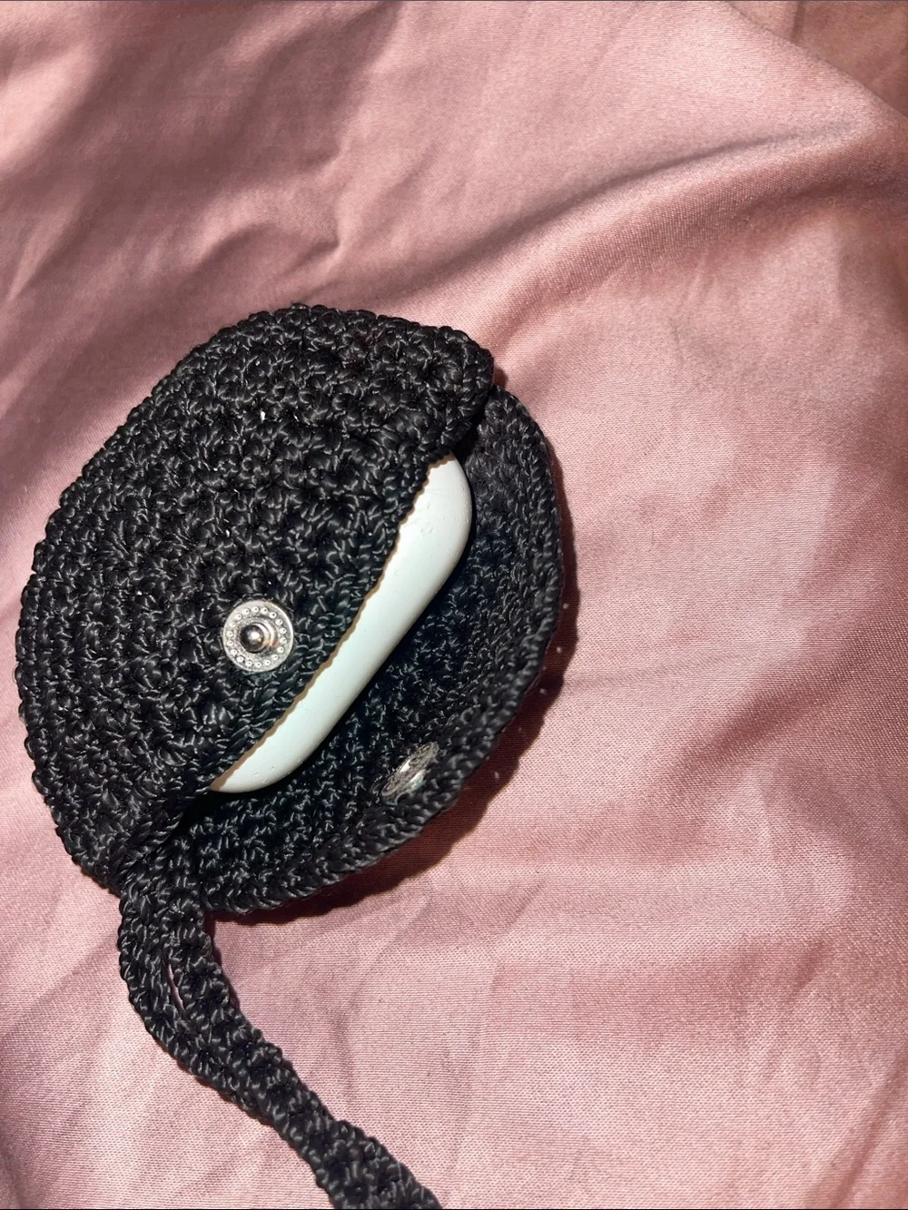 Versatile Black Crochet Wristlet Pouch for coins, folded currency AND AirPod.